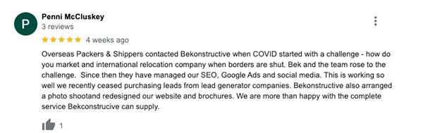 Image shows a positive 5 start review for BeKonstructive Marketing, received on the Google Reviews platform from our client Overseas Packers & Shippers.