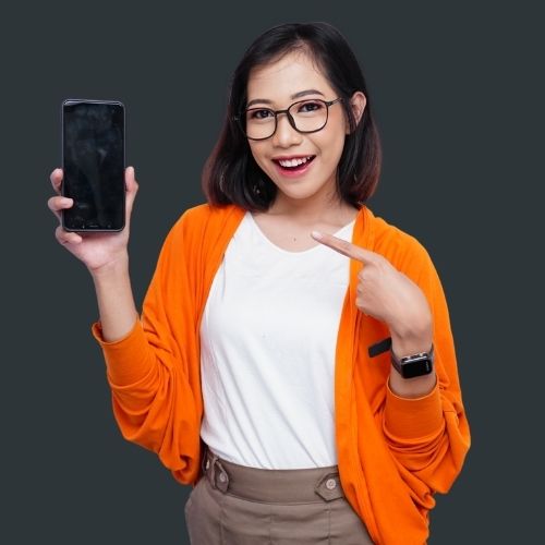 Content for Clicks woman holding mobile phone for social media.