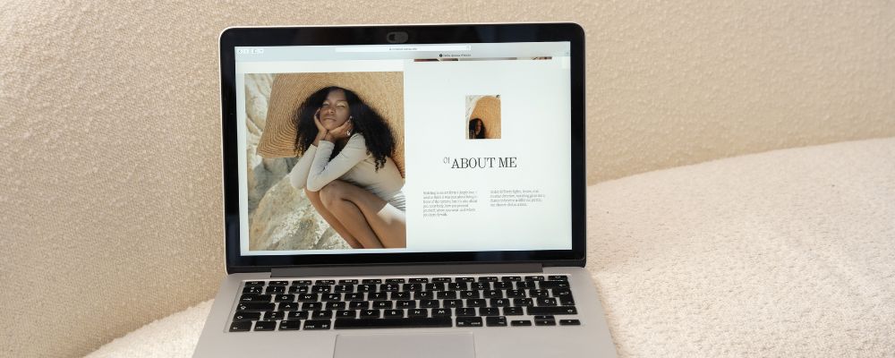 Laptop on a lounge shows a website with an image that requires image SEO