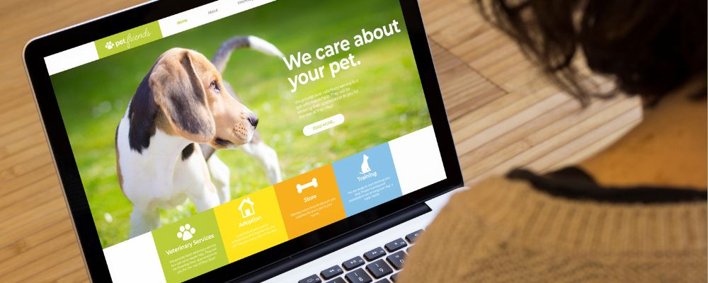 Open laptop shows a pet website with images for SEO.