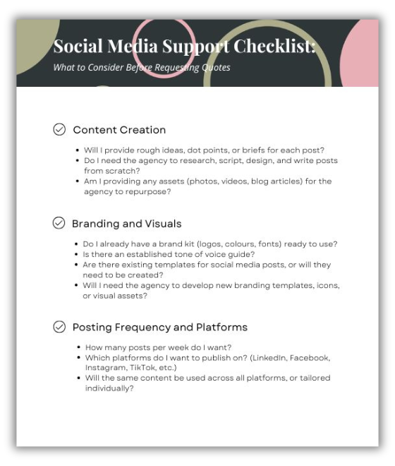Social media support checklist - download to receive a full list of questions to consider when outsourcing your social media management. 